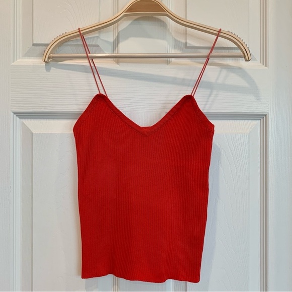 Red Ribbed Knit V-Neck Thin Strap Sweater Cami Top - Picture 1 of 3